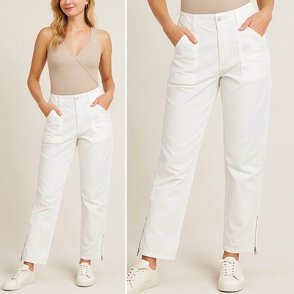ANTHROPOLOGIE Sanctuary White Straight Leg Pants Zipper Cuffs Patch Pockets NEW
